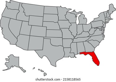 Vector map of the United States of America. Florida State illustration in gray color. Highlighted in red territory of the US. Contours of the USA. Study, economy, geography, demography, article