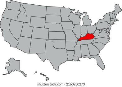 Vector map of the United States of America. State Kentucky illustration in gray color. Highlighted in red territory of the US. Contours of the USA. Web, study, economy, geography, demography, articles