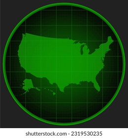 Vector map United States of America on the radar screen with red grid. Template country on monitor radar for pattern, report, background. Technology concept boundary USA for news, infographic, army