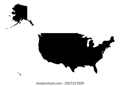 Vector map of United States of America, a country in North America. Detailed black silhouette, isolated on white background.