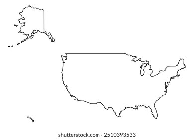 Vector map of United States of America, a country in North America. Detailed black contour, isolated on white background.