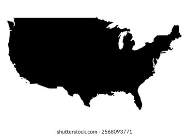 Vector map of United States of America, a country in North America. Detailed black silhouette, isolated on white background.