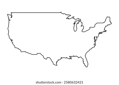 Vector map of United States of America, a country in North America. Detailed black contour, isolated on white background.