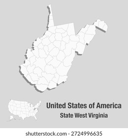 Mapa de Vector de los Estados Unidos de América aislado sobre fondo gris, divisiones administrativas USA. Estado de Virginia Occidental dividido en condados. Mapa de los estados del país de la Plantilla para el patrón de infografía