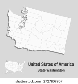 Mapa de Vector de los Estados Unidos de América aislado sobre fondo gris, divisiones administrativas USA. Estado de Washington dividido en condados. Mapa de los estados del país de la Plantilla para el patrón de infografía