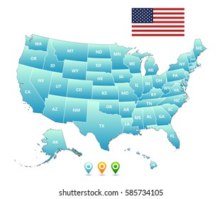 Vector map of the united states of america and flag 