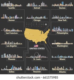 vector map of United States of America with largest cities' skylines