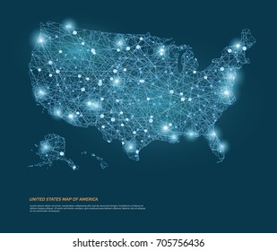  Vector map of United States map of America with glowing points.