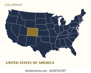 Mapa vetorial dos Estados Unidos com Colorado destacado em ouro. Design limpo e moderno, perfeito para a educação, e projetos relacionados à geografia.