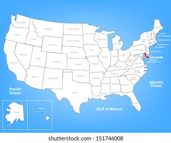 Vector Map of the United States Highlighting the State of Delaware; Illustrator 8