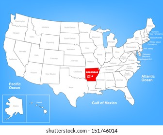 Vector Map of the United States Highlighting the State of Arkansas; Illustrator 8