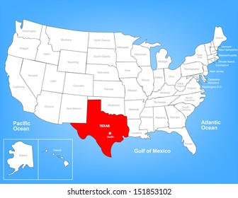 Vector Map of the United States Highlighting the State of Texas; Illustrator 8