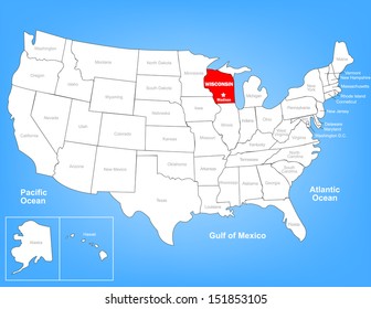 Vector Map of the United States Highlighting the State of Wisconsin; Illustrator 8