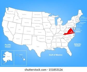 Vector Map of the United States Highlighting the State of Virginia; Illustrator 8