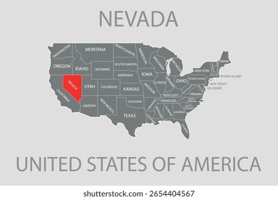 Mapa vetorial dos Estados Unidos destacando Nevada em vermelho. Um gráfico informativo e claro que representa a localização geográfica e as fronteiras de Nevada em comparação com outros estados.