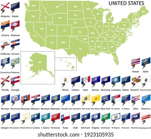 Vector map of the United States with named states and flags