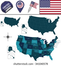 Vector map of United States with named divisions and travel icons