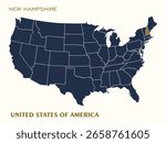 Vector map of the United States with New Hampshire highlighted in gold. Ideal for educational, editorial