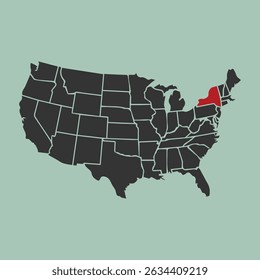 Vector map of the United States with New York state highlighted in red. 