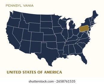 Mapa de Vector de los Estados Unidos con Pensilvania resaltado en oro. Ideal para uso educativo o de presentación. Diseño limpio y moderno.