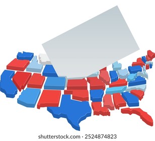 Vector map of the United States with states in red, blue, and gray, representing election results and voting trends.