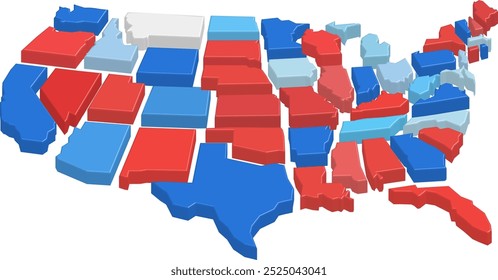 Vector map of the United States with states in red, blue, and gray, representing election results and voting trends.