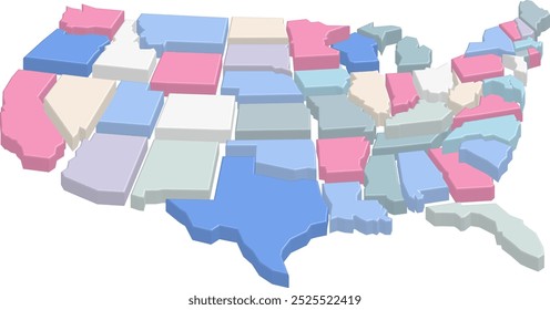 Vector map of the United States with states in red, blue, and gray, representing election results.