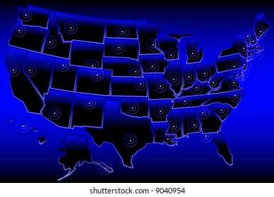 Vector map of the United States with simplified, stylized state borders and capitals