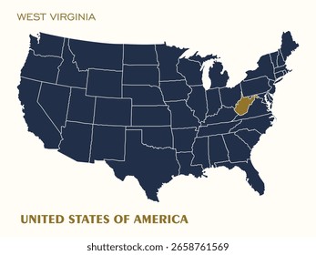 Mapa vetorial dos Estados Unidos com West Virginia destacado em ouro. Ideal para projetos educacionais e de design editorial.