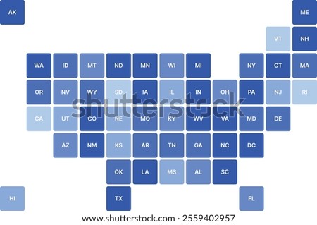 A vector map of the United States where each state is represented as a square, arranged in a style resembling the periodic table of elements. This creative and modern design is perfect for infographic