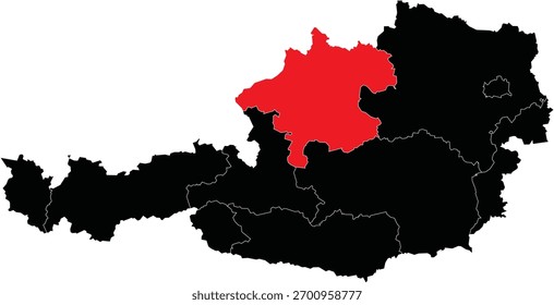 Mapa vetorial de Alta Áustria em Áustria Silhueta Mapa editável com regiões