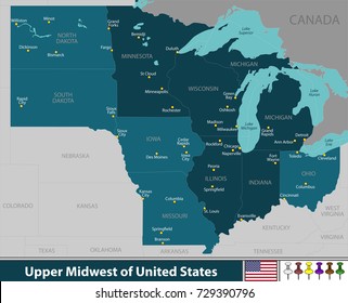 Vector map of Upper Midwest of United States with neighboring states