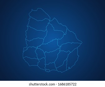 Vector map of Uruguay abstract blue line scales on dark background.