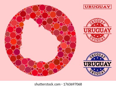 Vector map of Uruguay collage of spheric items and red scratched seal. Hole circle map of Uruguay collage composed with circles in different sizes, and red color tones.
