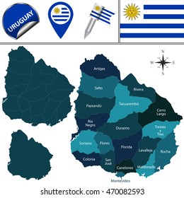 Vector map of Uruguay with named departments and travel icons