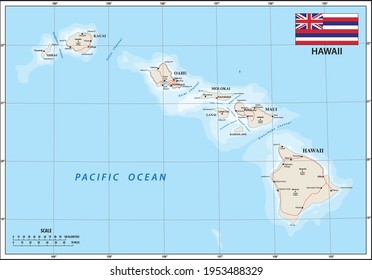 Vector map of the U.S. state of Hawaii with Flag
