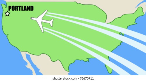 Vector map of USA with airplane inflight to destination Portland, Oregon