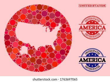 Mapa vectorial de los mosaicos de los Estados Unidos y Alaska de los elementos de círculo y sello de sello de foca rayado rojo. Mapa de círculo de hoyos de los EE.UU. y el collage de Alaska creado con círculos de tamaños variables y tonos rojos.
