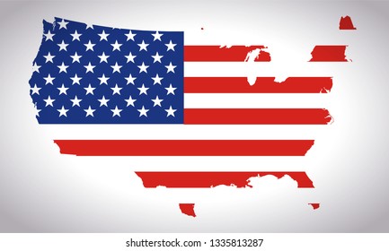 Vector map of the USA having the color of the national flag of America Stars and Stripes.