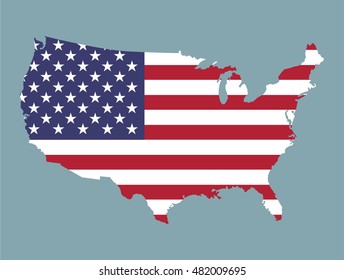 Vector map of the USA having the color of the national flag of America Stars and Stripes