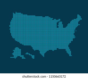 Vector Map Of Usa Made From Blue Square Dots On Dark Background.