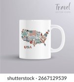 Vector map of USA made of cultural icons, architecture and traditions. Colorful illustration with mug mockup for travel, design, tourism and souvenir projects.