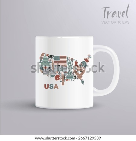 Vector map of USA made of cultural icons, architecture and traditions. Colorful illustration with mug mockup for travel, design, tourism and souvenir projects.