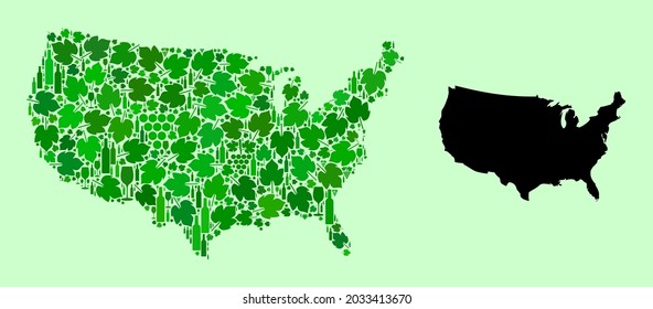 Mapa de vectores de EE.UU. Mosaico de uvas verdes, botellas de vino. Mapa del mosaico de EE.UU. diseñado a partir de botellas, uvas, hojas verdes. El mosaico abstracto está diseñado para la comercialización de collages.