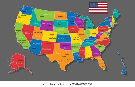 Vector map of USA with names of cities and with borders city