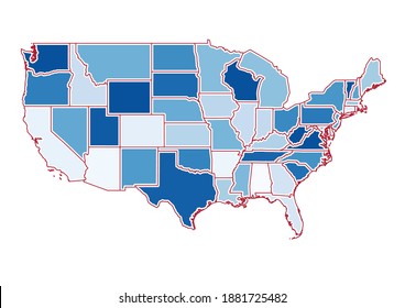 Vector map of  USA with no text or label.  The map is painted in the colors American flag. A flat vector map is isolated on a white background.  The map is appropriate for prints of any size. 