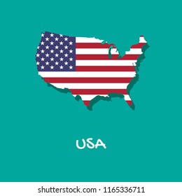 Vector map of USA painted in the colors of the flag. The country's borders with shadow. Isolated vector illustration.