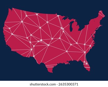 Mapa vetorial dos EUA em vermelho com uma rede de pontos interconectados em branco, simbolizando conexão e logística. Ideal para temas de transporte, tecnologia e comunicação