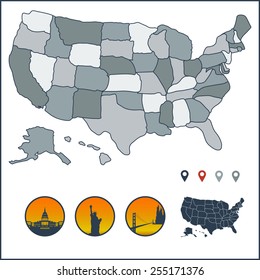 Vector map of U.S.A. with states on separate named layers and American symbols