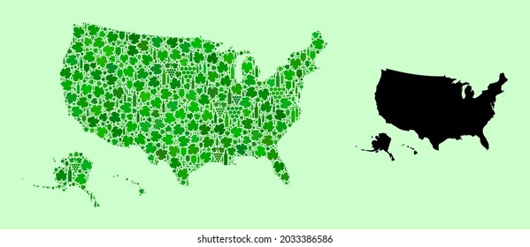 Vector Map of USA Territories. Mosaic of green grapes, wine bottles. Map of USA territories mosaic designed with bottles, grapes, green leaves. Abstract mosaic designed for patriotic collages.